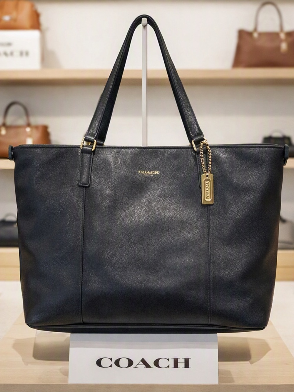 COACH Black Leather Tote with Gold Tag